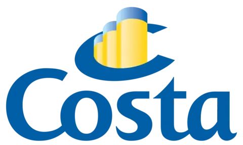 Blaues Costa-Logo mit stilisiertem gelbem Schornstein eines Kreuzfahrtschiffs auf dunklem Grund