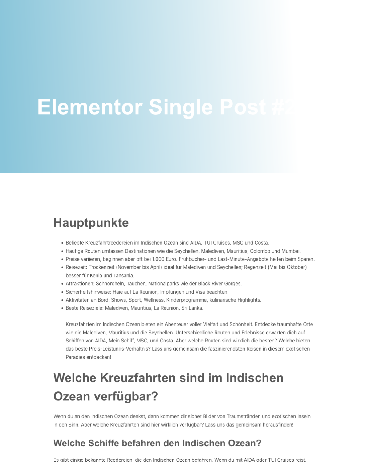 Screenshot einer Webseite mit Informationen zu Kreuzfahrten im Indischen Ozean und verschiedenen Reedereien.